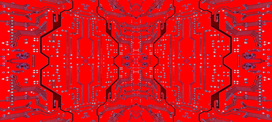 Red circuit board symmetrical pattern as abstract technology background.