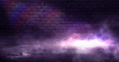 Background of empty dark room with concrete floor. Empty walls, neon light, smoke.