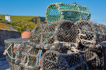 fish traps lying in a Cornish harbour