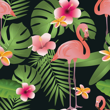 Pink Flamingo and Tropical Flowers Background. Vector illustration of exotic  palm leaves seamless floral pattern background. Can be used for web and mobile design.