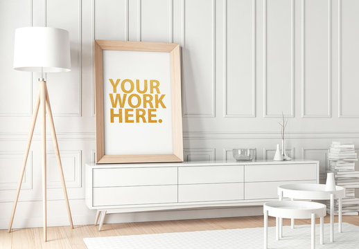 Wood Framed Poster with Contemporary Furniture Mockup