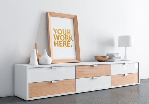 Wood Framed Poster with Contemporary Furniture Mockup