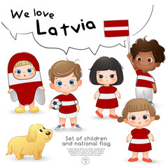 Fototapeta na wymiar Latvia : Boys and girls holding flag and wearing shirts with national flag print : Vector Illustration