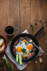 Sunny side egg with sausage for the breakfast, copy space