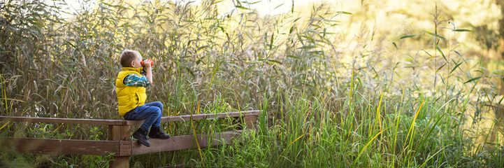 Little boy with binoculars sitting on a wooden fence in the reeds