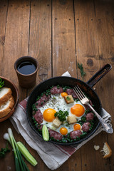 Sunny side egg with sausage for the breakfast, copy space