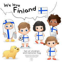 Finland : Boys and girls holding flag and wearing shirts with national flag print : Vector Illustration