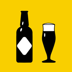 Vector illustration icons of bottle and glass. Black silhouette on a bright yellow background. Brew, lemonade, coctail, tipple, beer bottle.