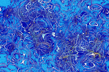 Turquoise spiral and twirl loop abstract mess-up pattern. Comic background.