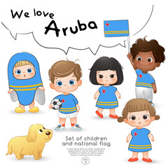 Aruba : Boys and girls holding flag and wearing shirts with national flag print : Vector Illustration