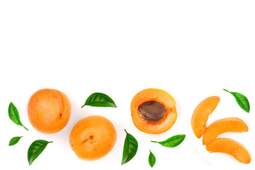 Apricot fruits with leaves isolated on white background with copy space for your text. Top view....