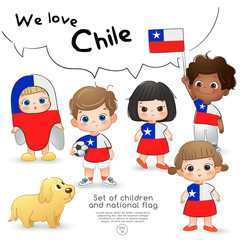 Chile : Boys and girls holding flag and wearing shirts with national flag print : Vector Illustration