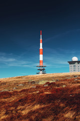 Brocken antenna tower architecture building on the mountain top with radio station. Brocken, nature reserve Harz mountains, National Park Harz in Saxony-Anhalt, Germany