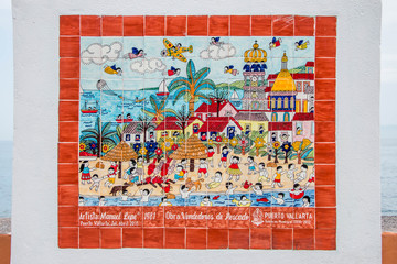 Pintura artesanal sobre mosaico de la ciudad de Puerto Vallarta, México.