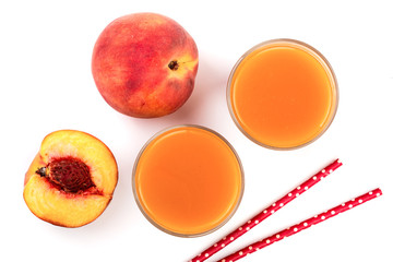 peach juice isolated on white background. Top view. Flat lay pattern