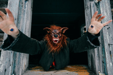 Unknown person with creepy horrible werewolf mask looking out from old wooden ghost house window....