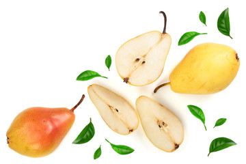 ripe red yellow pear fruits isolated on white background with copy space for your text. Top view. Flat lay pattern
