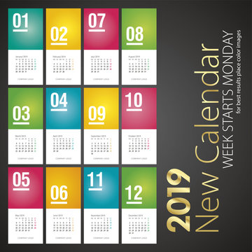 2019 New Desk Calendar monthly numbers color background