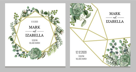Fototapeta na wymiar Wedding invitation with leaves, succulent and golden elements in watercolor style. Eucalyptus, magnolia, fern and other vector illustration.