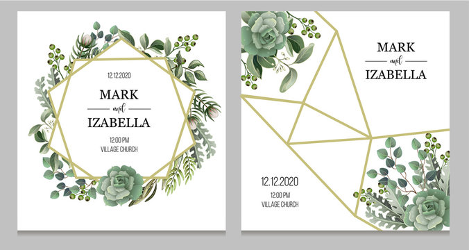 Wedding Invitation With Leaves, Succulent And Golden Elements In Watercolor Style. Eucalyptus, Magnolia, Fern And Other  Vector Illustration.