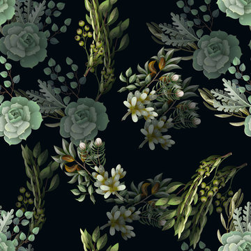Seamless pattern with eucalyptus, magnolia, fern leaves and succulents bouquets. Trendy rustic herb vector background.