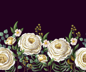 Border with English yellow roses and other flowers. Vector