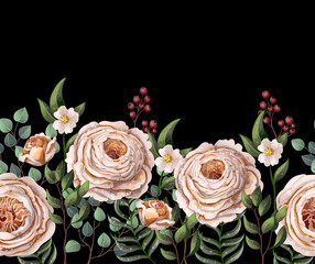 Border with English  roses and other flowers. Vector