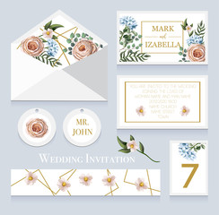 Wedding invitation with English roses, eucalyptus, flowers and golden elements in watercolor style. Vector.