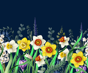 Border with daffodils and wild flowers. Vector.