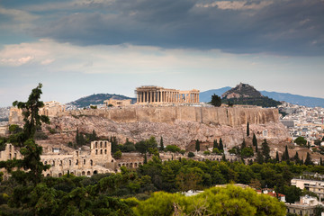 athens seen from Philopapou hill with views to Herodium , Acropolis and the Parthenon, Attica,...