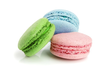 three macaroons isolated on white background closeup