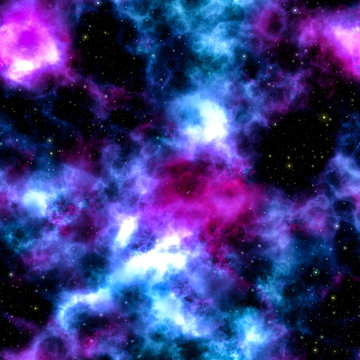 Night sky with bright blue red pink magenta colored nebula and
