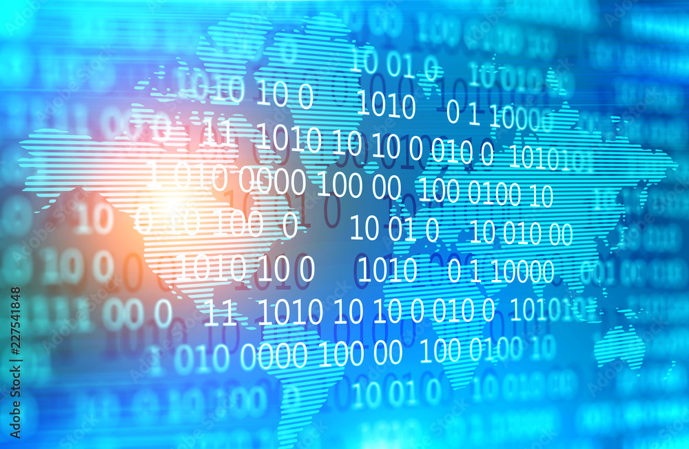 Poster earth map in binary code, double exposure