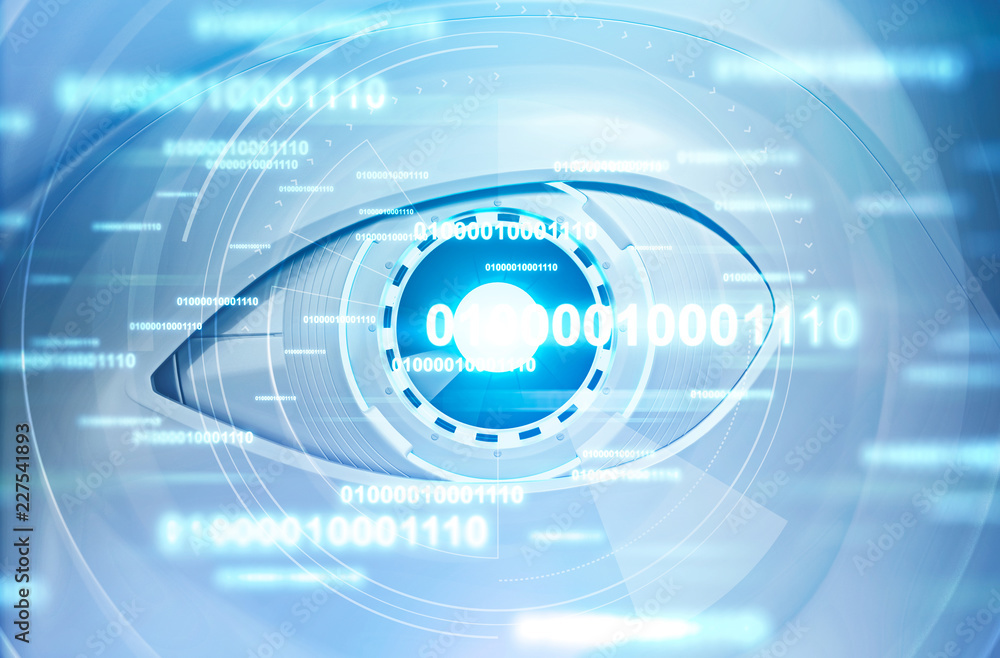 Poster robot eye in binary code, facial recognition ai
