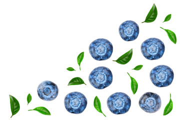fresh ripe blueberry with leaf isolated on white background with copy space for your text. Top view. Flat lay pattern