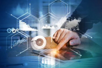 Man using tablet, infographics interface