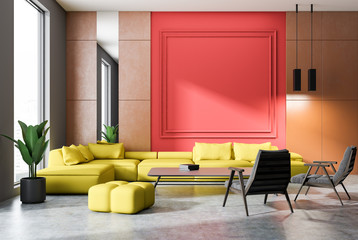 Orange and red living room, yellow sofa