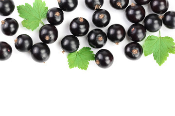 black currant with leaves isolated on white background with copy space for your text. Top view. Flat lay pattern