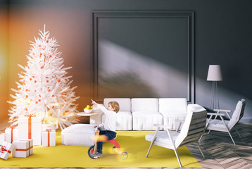 Gray living room with christmas tree, baby boy