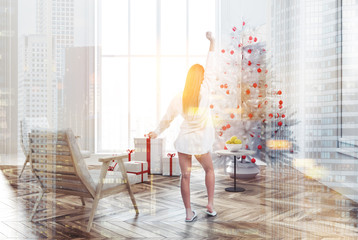 Christmas tree white living room interior, woman