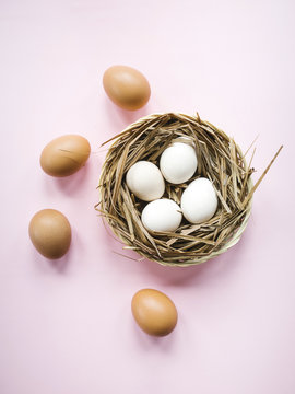 Arranged eggs in straw basket