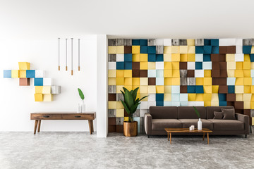 Colored tiles living room, sofa and cabinet