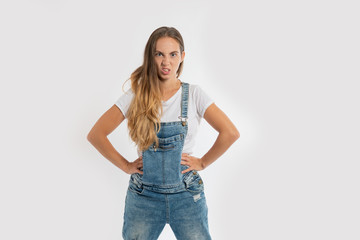 Young funny and angry mother, isolated over white