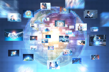 Many pictures over earth hologram