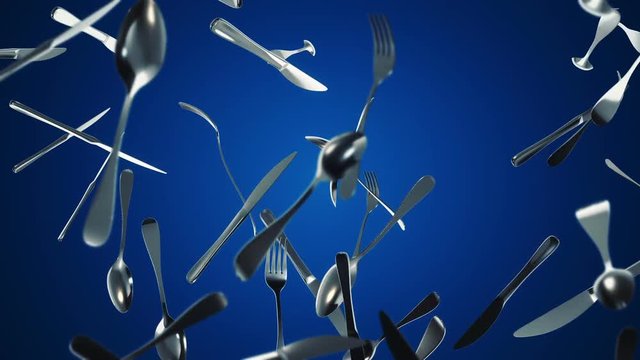 Background with animation of moving forks, knives and spoons. Animation of seamless loop.