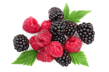 blackberry and raspberry with leaves isolated on white background. Top view. Flat lay pattern