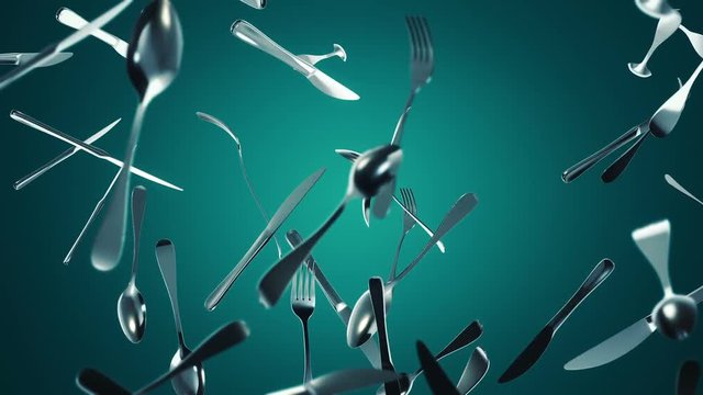 Background with animation of moving forks, knives and spoons. Animation of seamless loop.