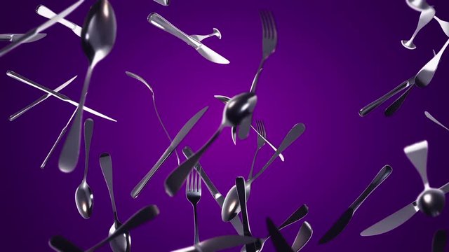 Background with animation of moving forks, knives and spoons. Animation of seamless loop.