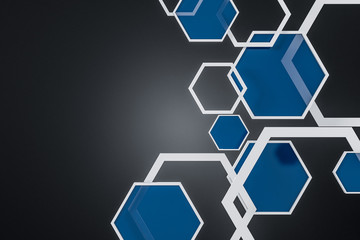 White and blue hexagons background over black