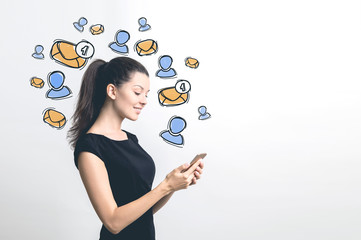 Black dress businesswoman, email icons